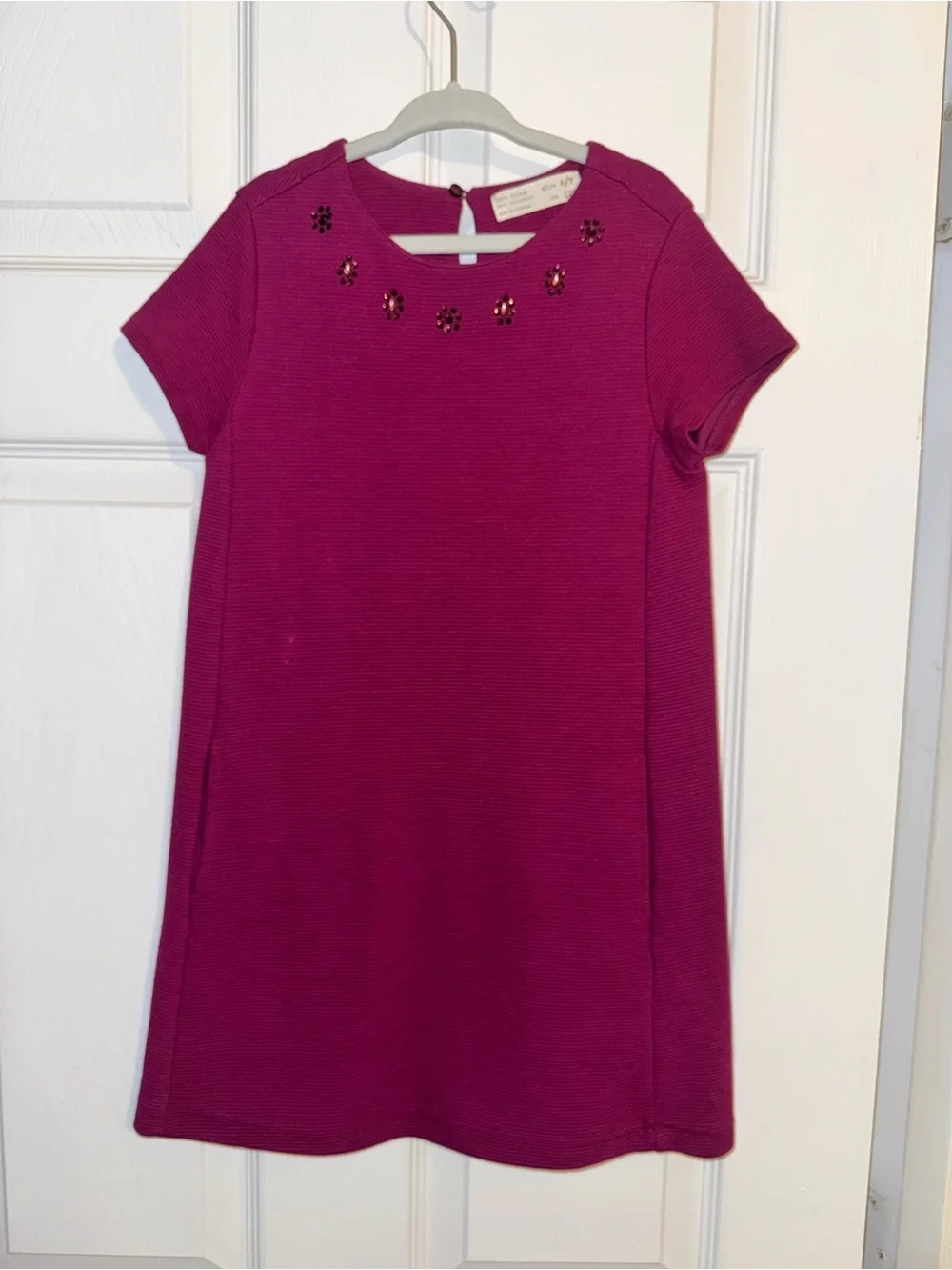 Girls' Magenta Short-Sleeve A-Line Dress with Embellished Neckline